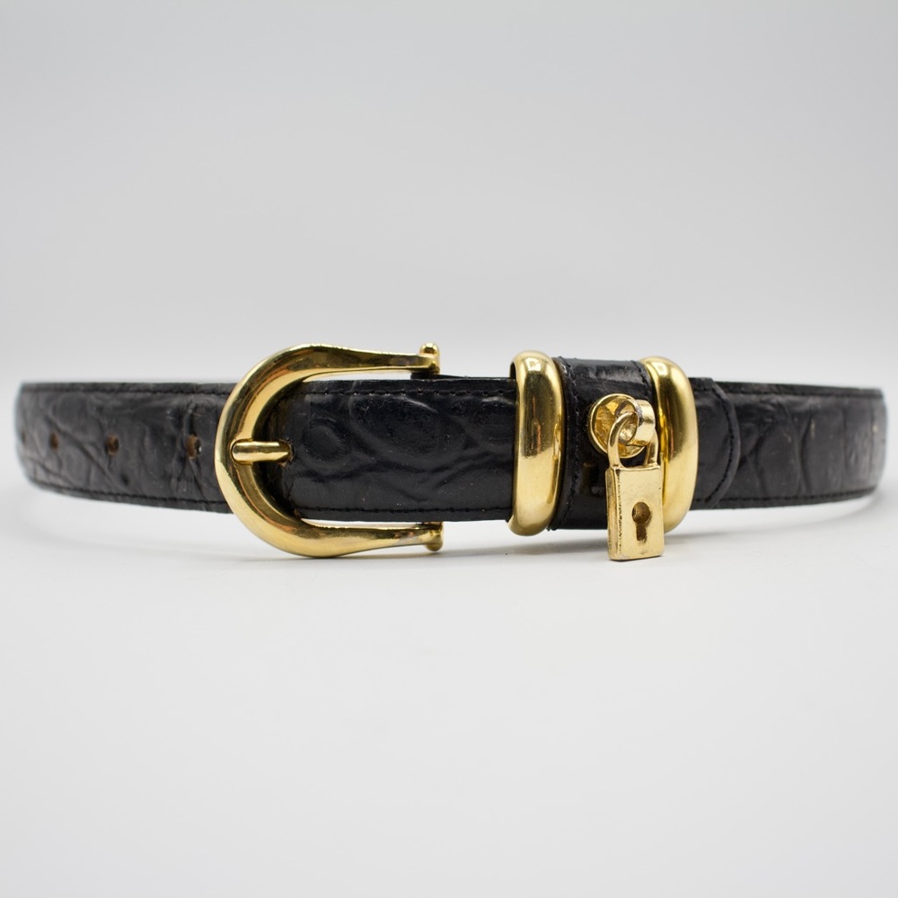 Women's Leather Belt with Brass Buckle and Decorative Lock, Size M, Brown